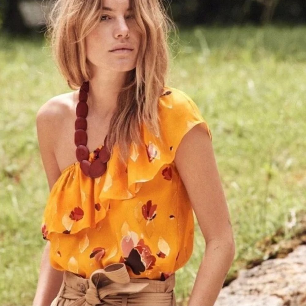 Sezane Adelie One Shoulder Silk Blouse in Saffron Flowers 38 6